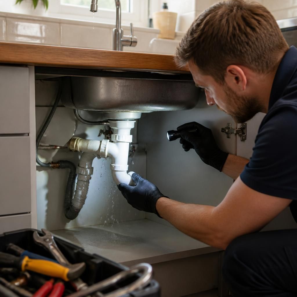 Plumber inspecting pipework beneath a kitchen sink with a leaking tap