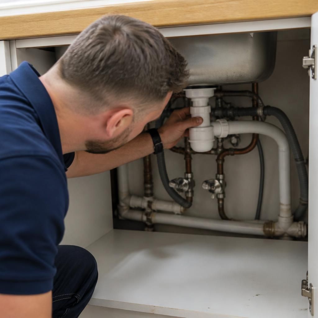Plumber inspecting pipework and connections beneath a kitchen sink