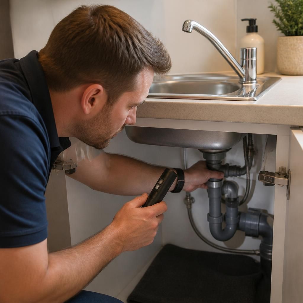 Plumber inspecting pipework beneath a kitchen tap beside the sink