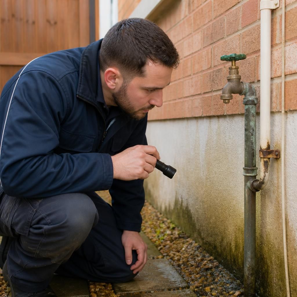 Plumber inspecting an outdoor tap and exposed pipework at a rented property