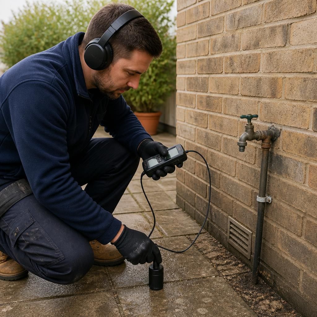Plumber using acoustic equipment to inspect an outdoor tap beside paved ground