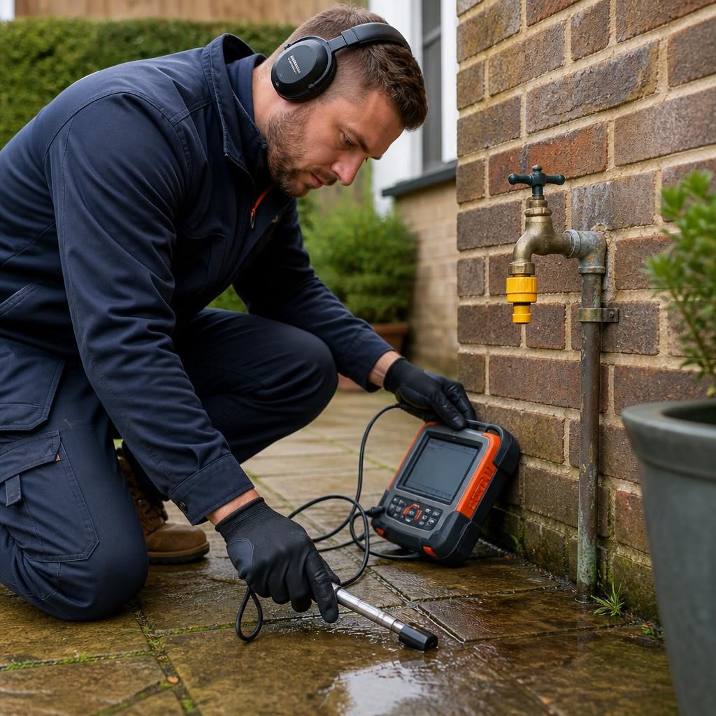 Plumber inspecting an outdoor tap and surrounding paving with leak detection equipment