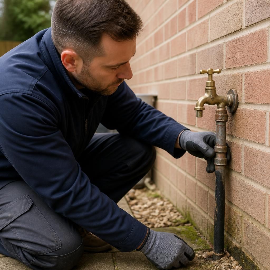 Plumber examining an outdoor tap and exposed pipe connection beside a garden wall