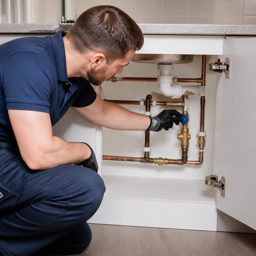 Plumber examining a stop tap and exposed pipework inside a kitchen cupboard