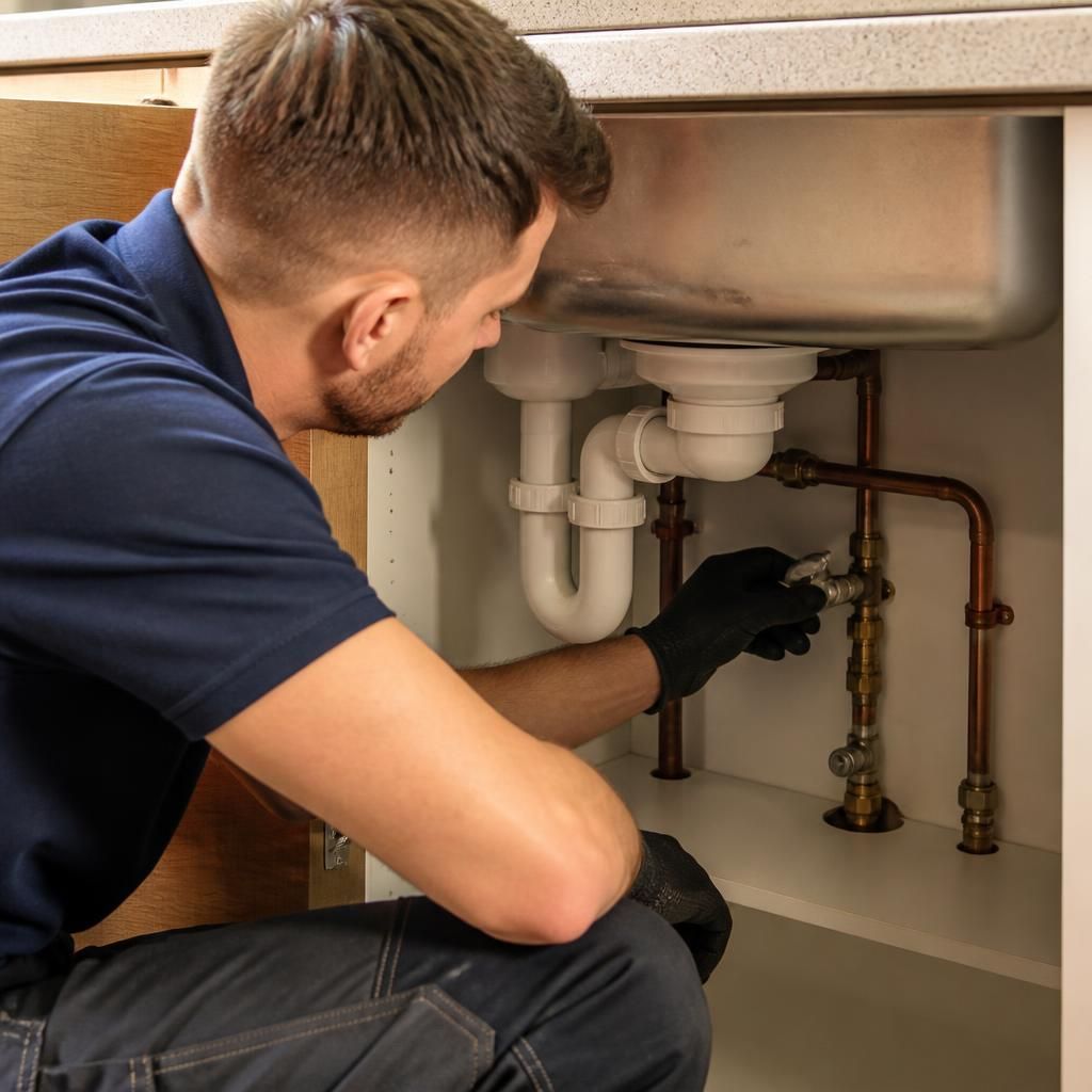 Plumber inspecting a stop tap and adjacent pipework beneath a kitchen sink