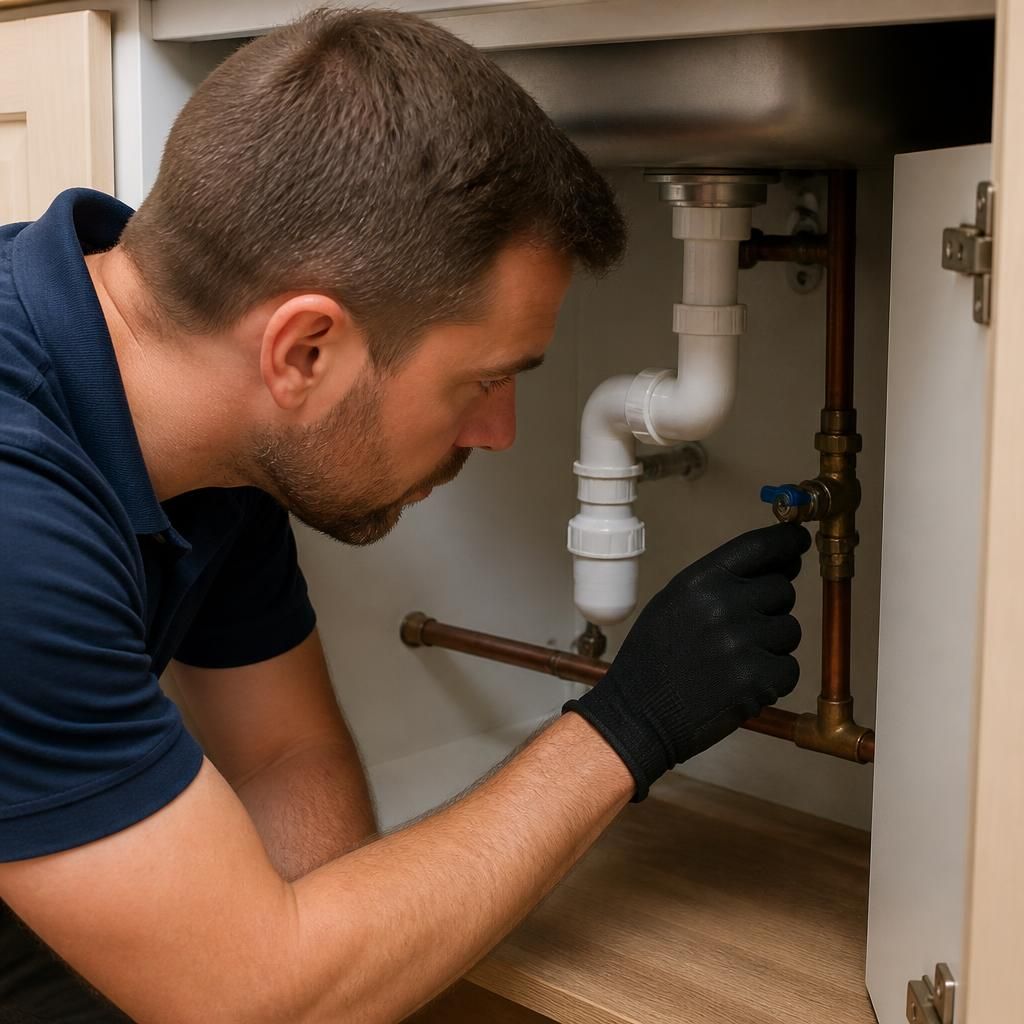 Plumber examining a stop tap and connected pipework beneath a kitchen sink