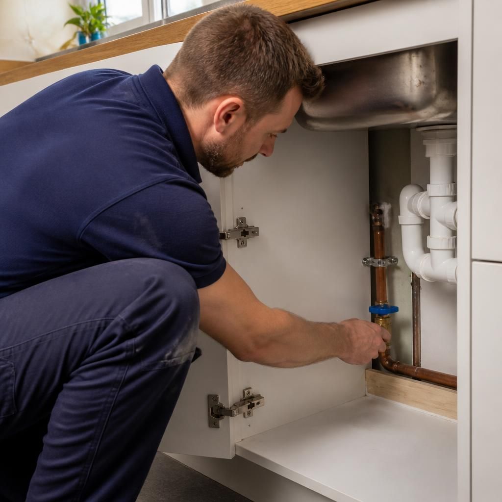 Plumber inspecting a stop tap beneath a kitchen sink