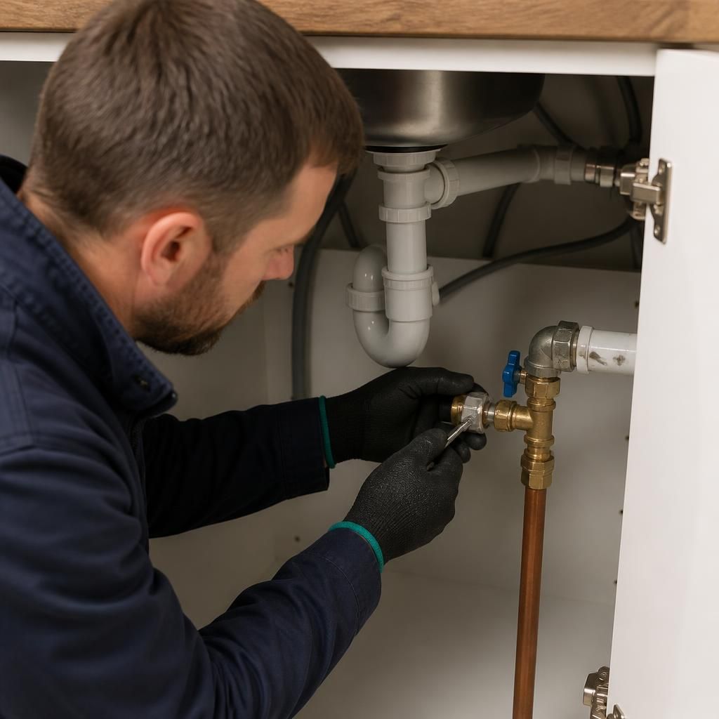 Plumber inspecting a stop tap and nearby pipework beneath a kitchen sink