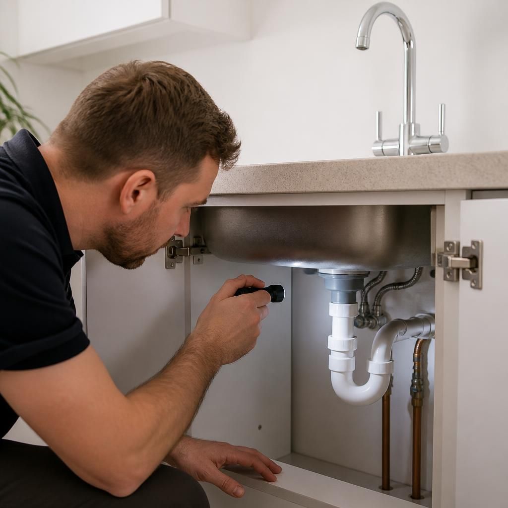 Plumber examining pipework beneath a kitchen tap during a leak inspection