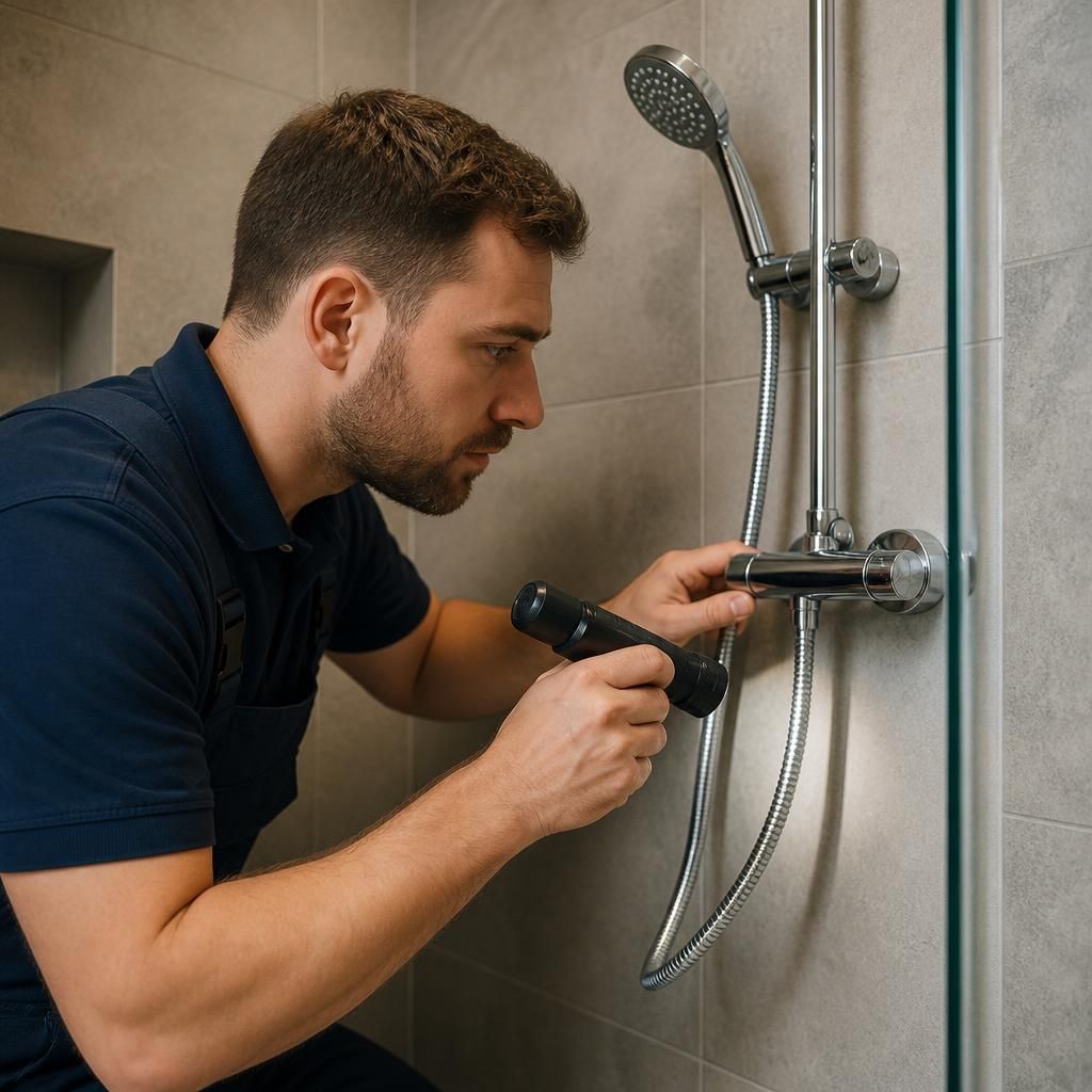 Plumber carrying out a detailed inspection of a shower fitting