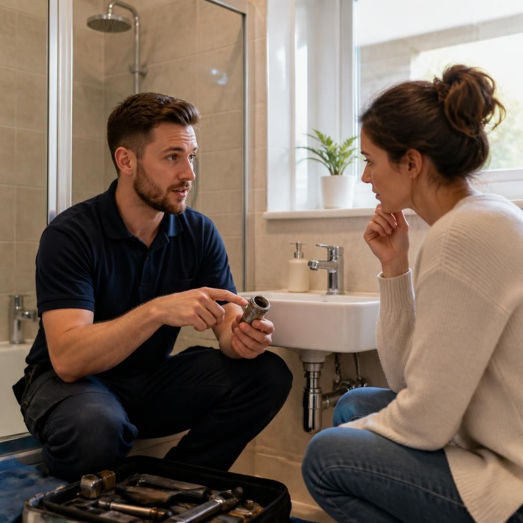 Plumber explaining tap leak detection findings to a customer