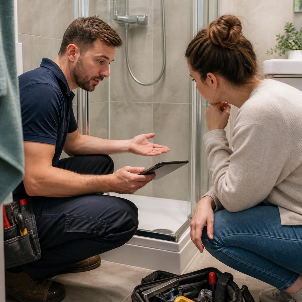 Homeowner reviewing practical next steps after a shower leak inspection
