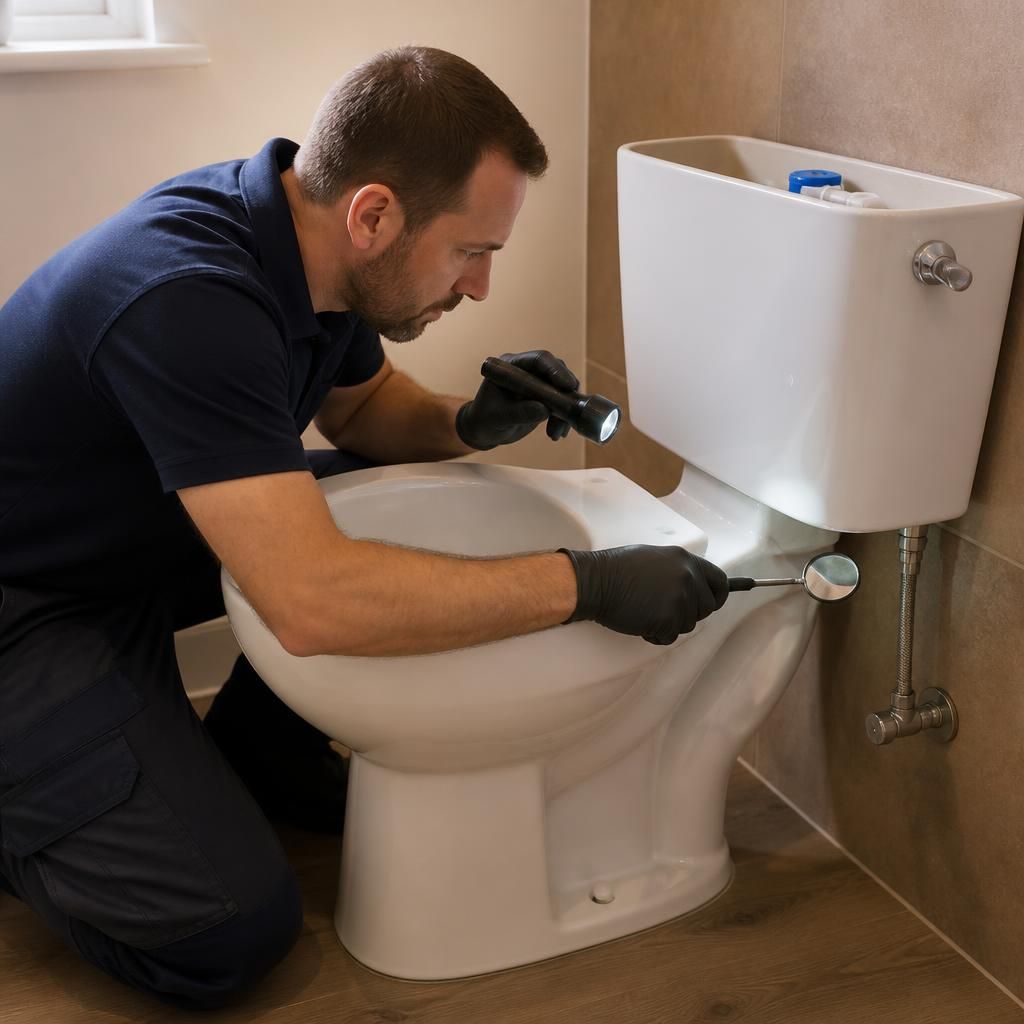 Plumber inspecting a toilet cistern, base and exposed pipe connections in a bathroom