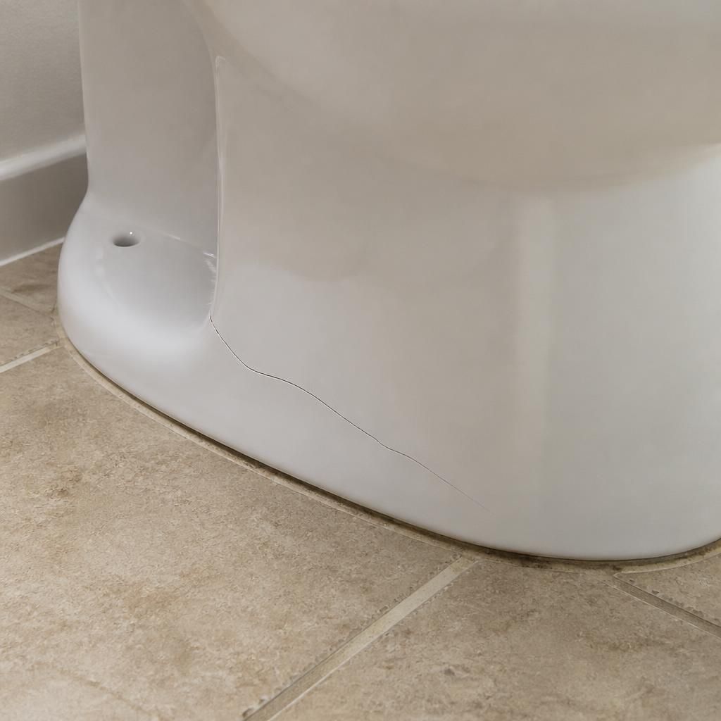 Crack visible along the lower ceramic base of a white toilet pan