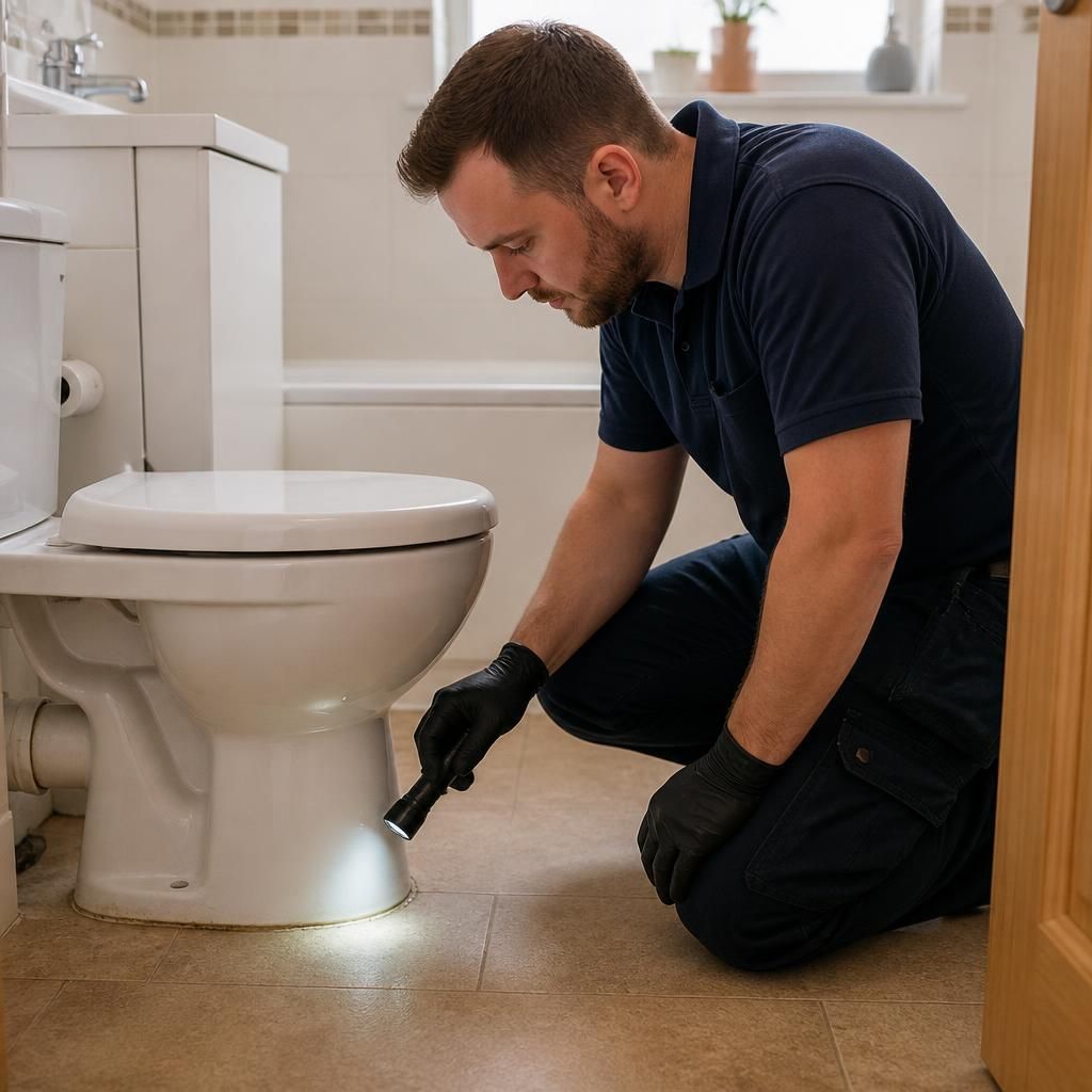 Plumber inspecting a toilet pan and floor junction in a rented bathroom