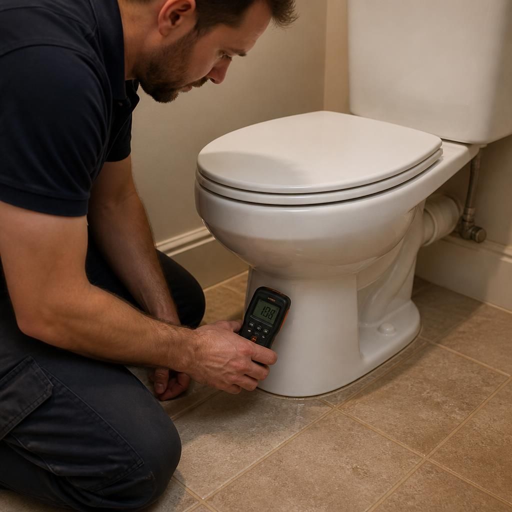 Plumber checking moisture around the base of a toilet with a moisture meter