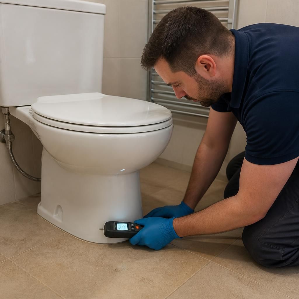 Plumber inspecting the base of a toilet with a moisture meter