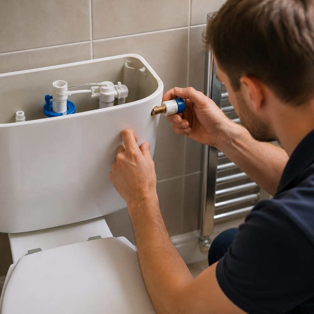 Plumber inspecting a toilet cistern valve and internal components