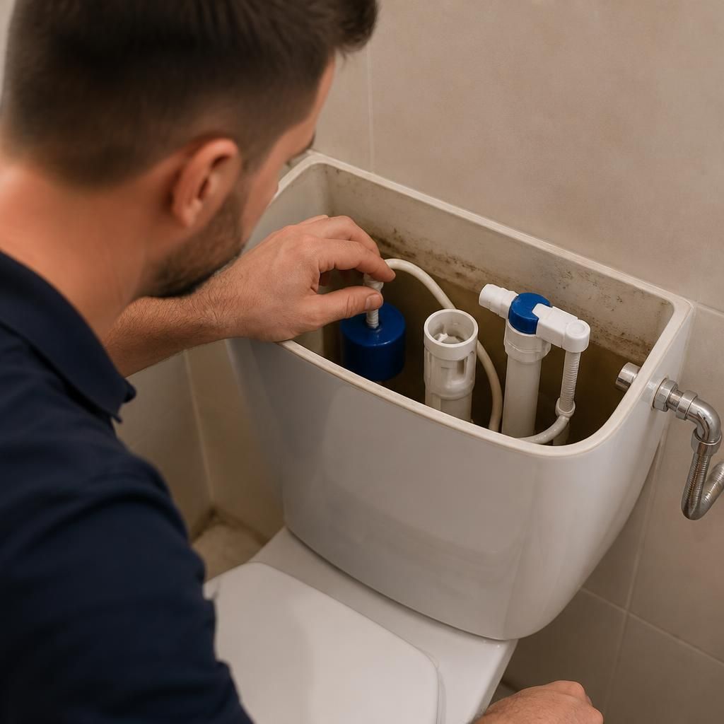 Plumber inspecting the inside of a toilet cistern with its lid removed