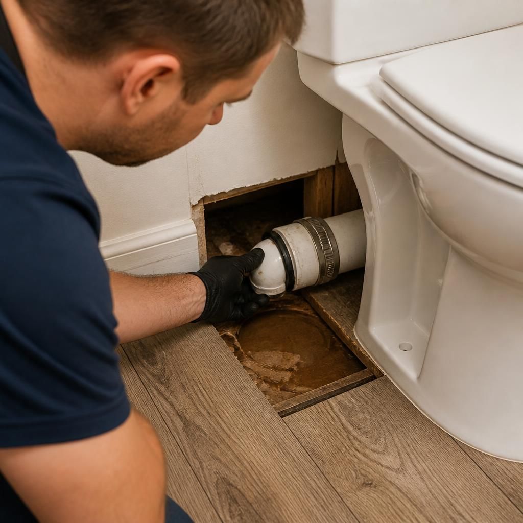 Plumber examining an exposed toilet waste pipe connection