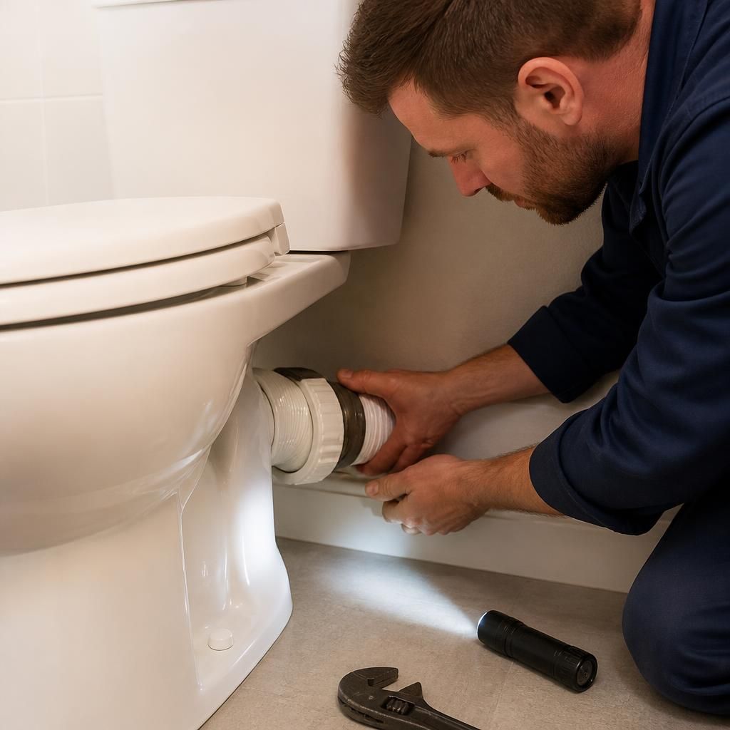 Plumber inspecting the waste pipe connection behind a toilet
