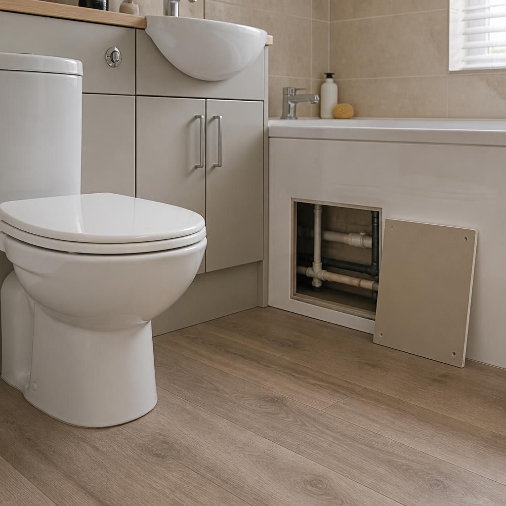 Bathroom toilet with clear flooring and a visible removable access panel
