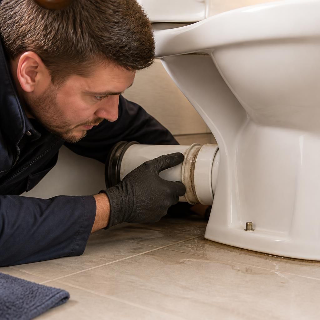 Plumber inspecting a toilet waste pipe joint beneath a bathroom pan