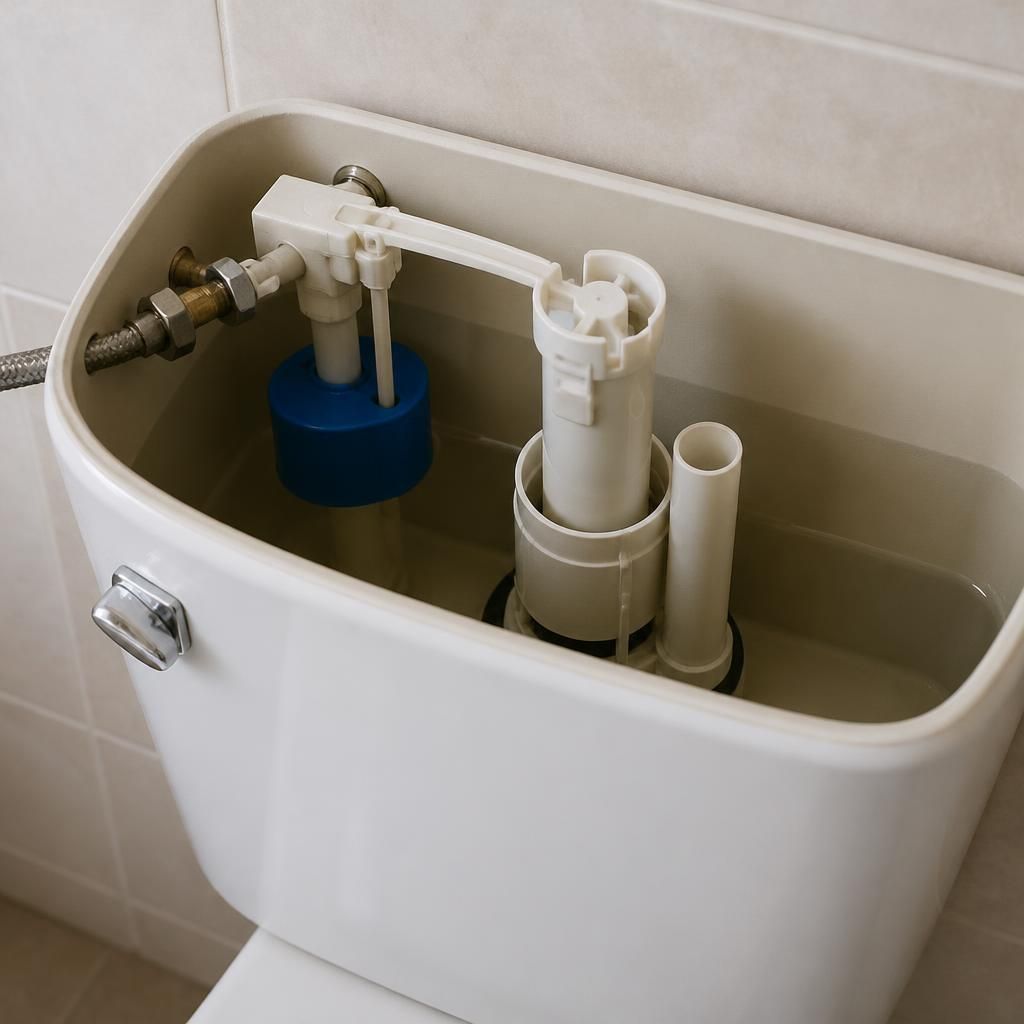 Open toilet cistern showing the float valve, flush mechanism and water supply connection