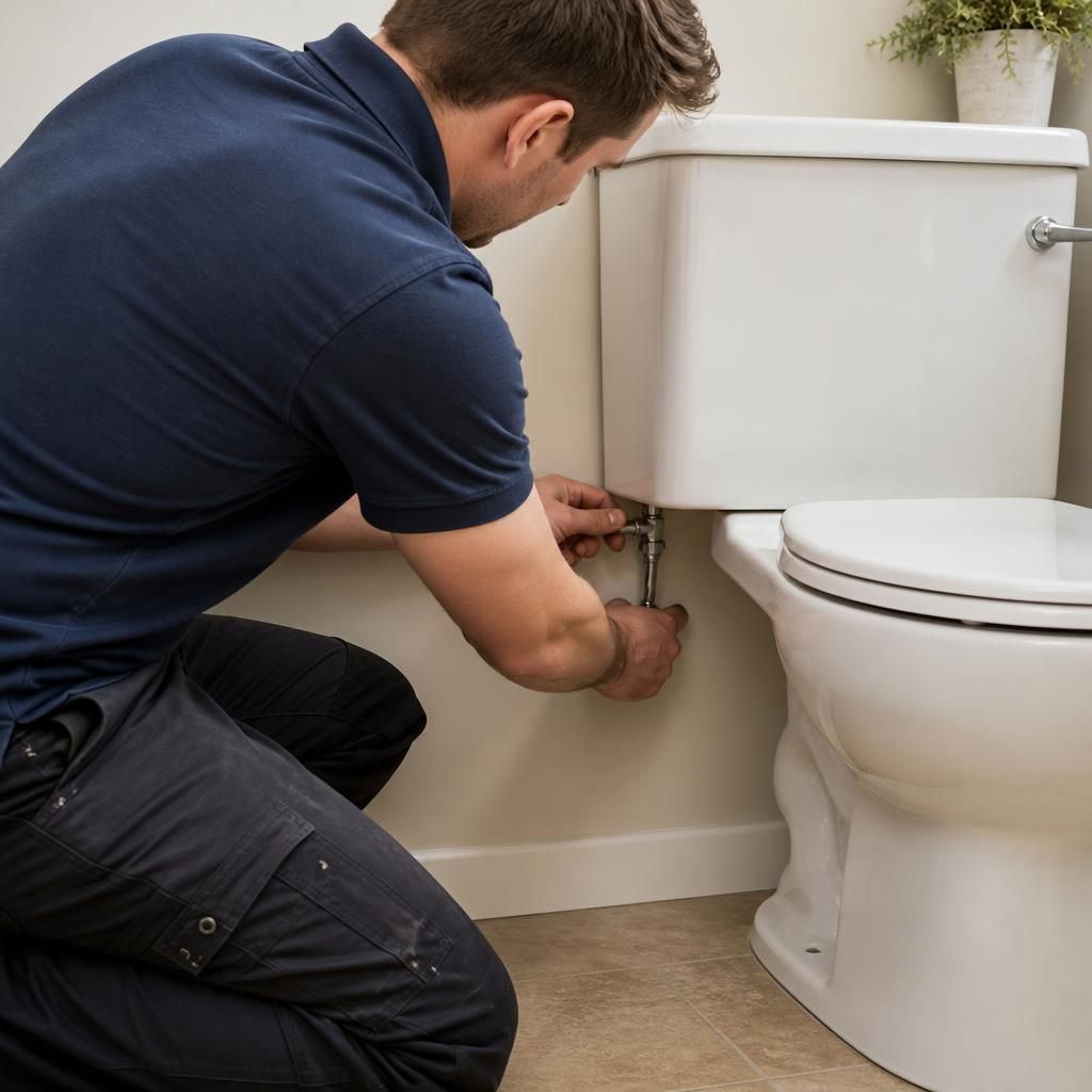 Plumber checking the supply connection beneath a toilet cistern