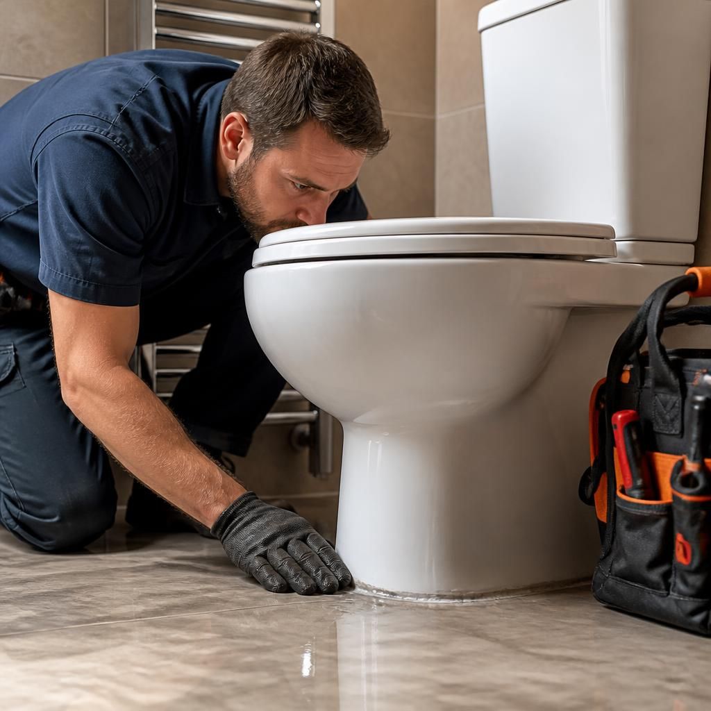 Plumber checking for moisture around the base of a bathroom toilet