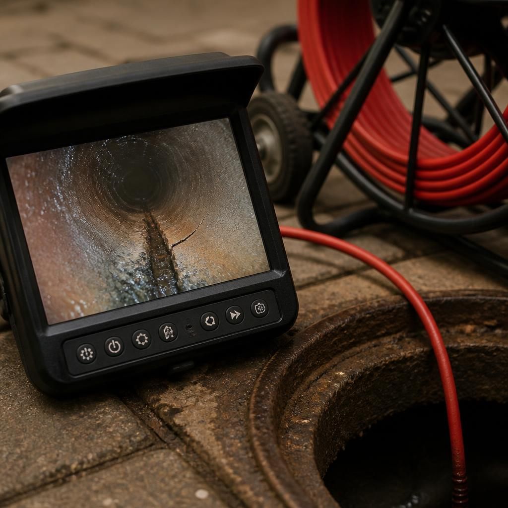 Drainage inspection camera viewing a cracked underground sewage pipe