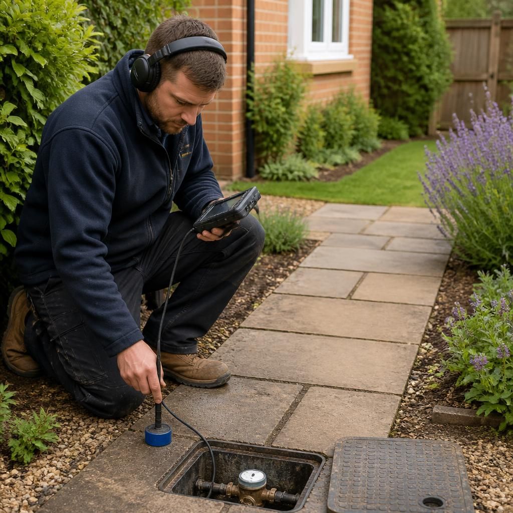 Technician using electronic leak detection equipment beside a garden path
