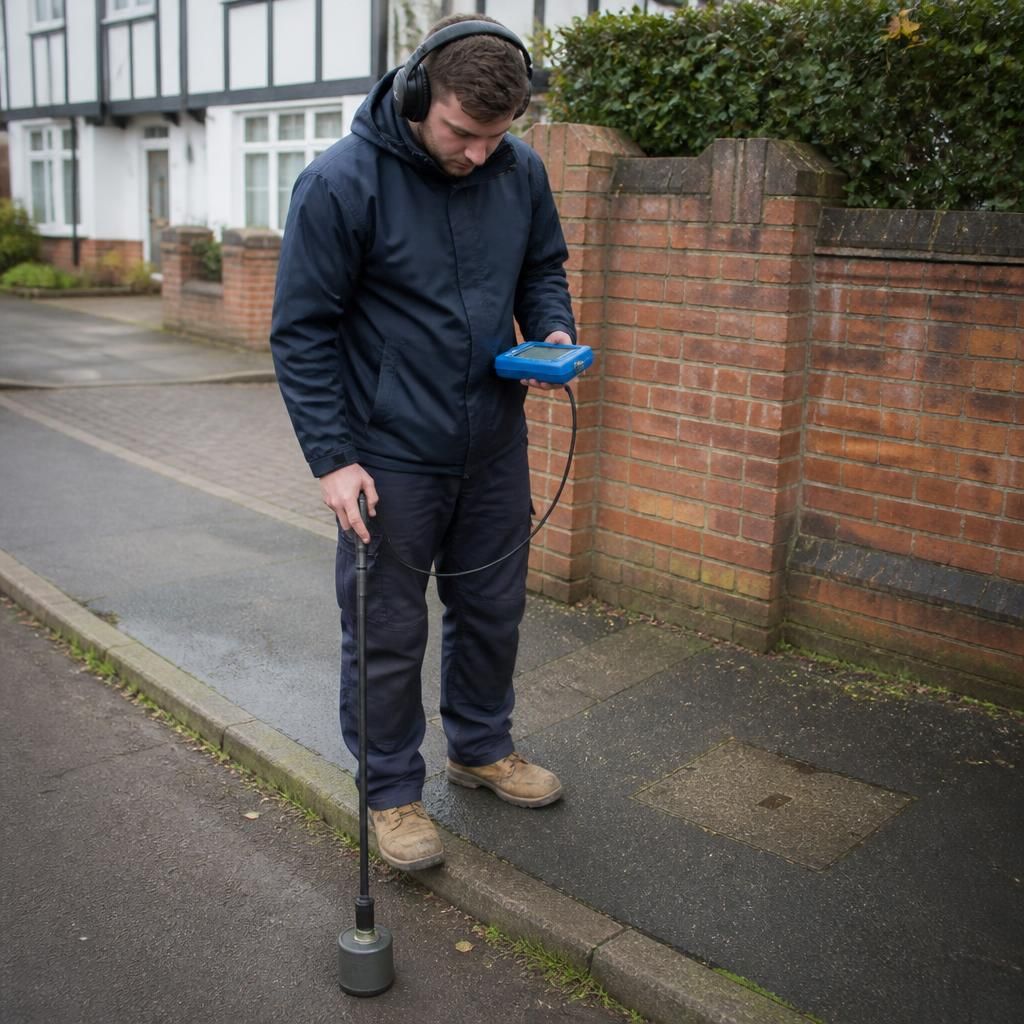 Plumber using an acoustic listening device to trace a buried water pipe