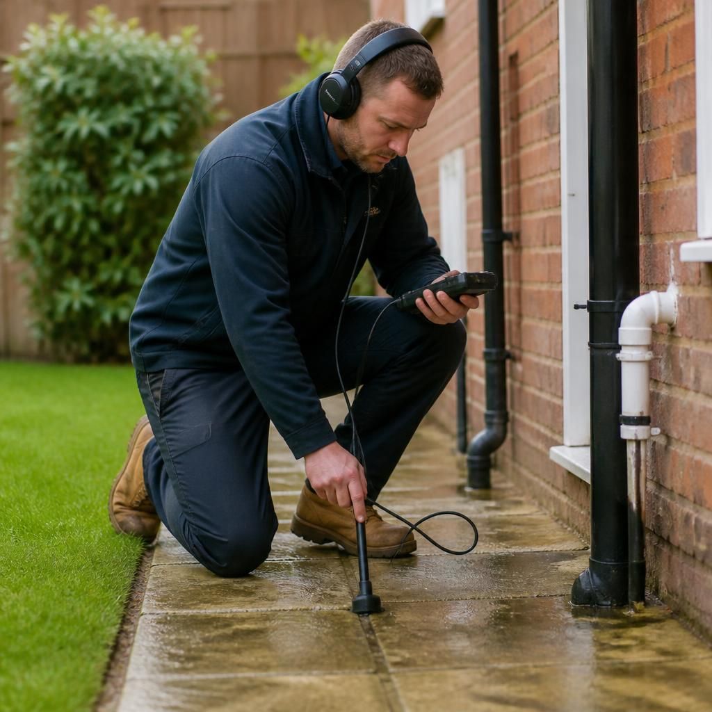 Technician using acoustic equipment to trace a buried water pipe