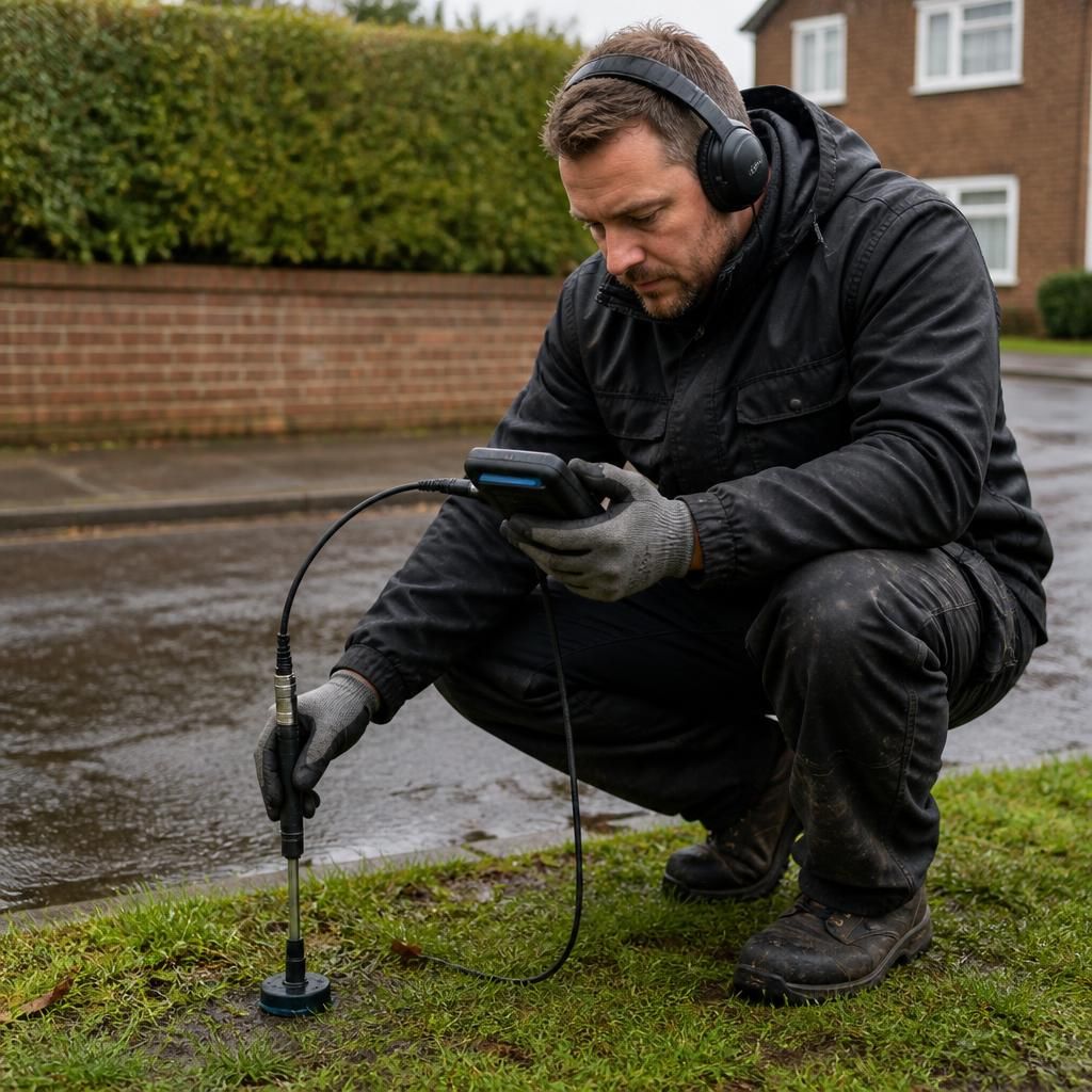 Plumber using acoustic equipment to locate a buried water pipe leak