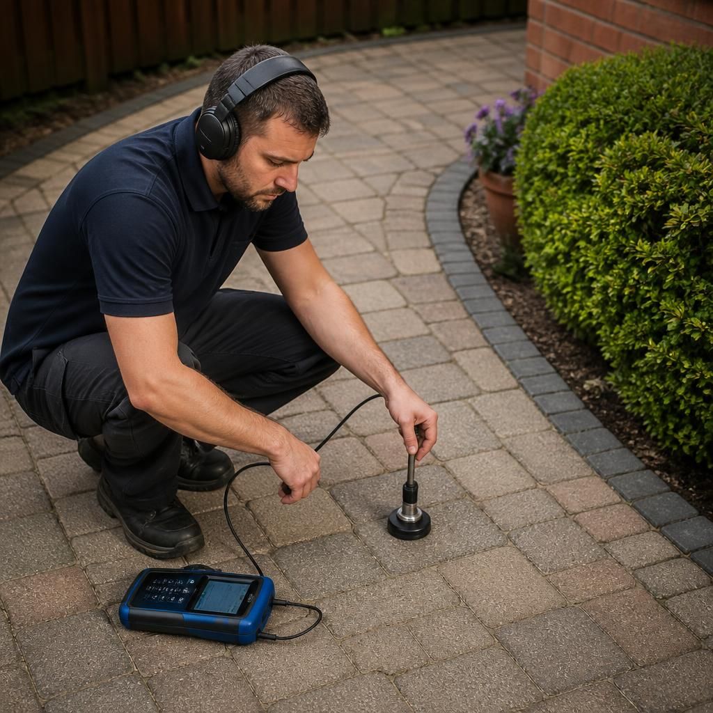 Plumber using acoustic equipment beside a paved garden area to trace an underground pipe leak