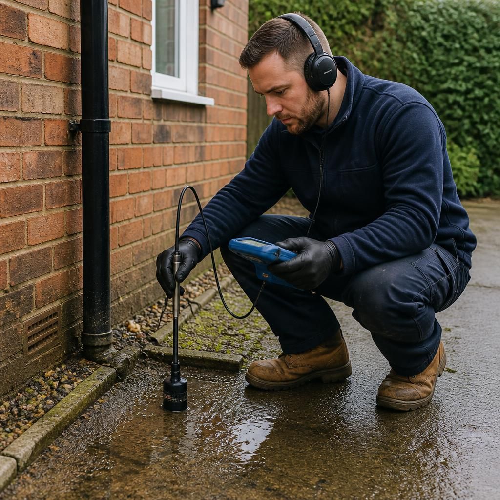 Plumber inspecting damp ground beside a house with a leak detection device