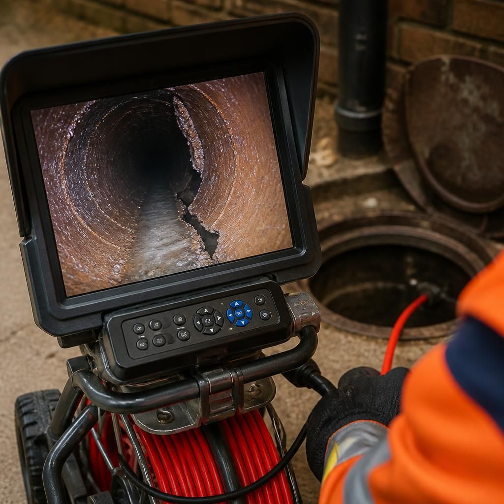 Drain inspection camera showing a crack inside an underground sewage pipe