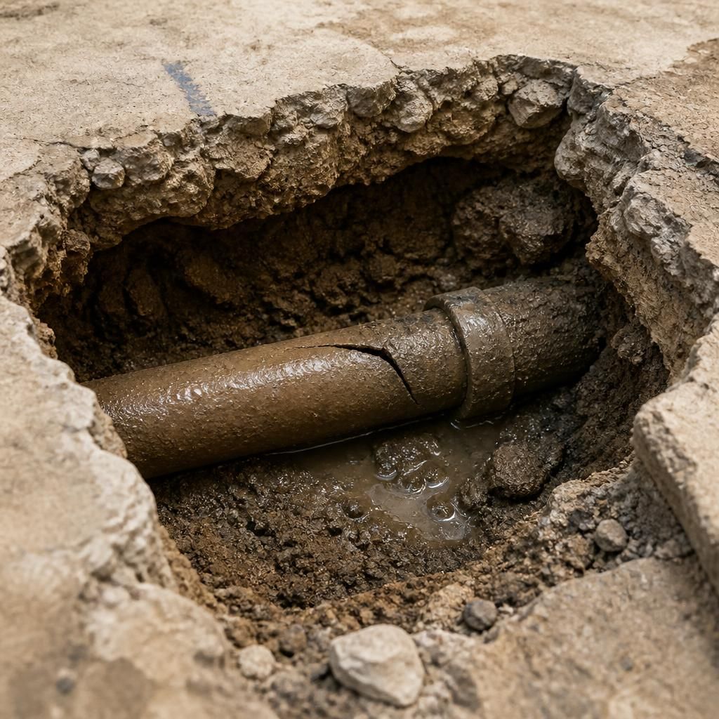 Concrete floor opened to expose a damaged underground water pipe