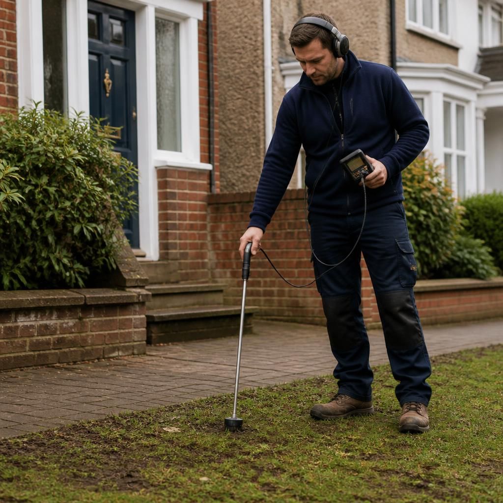Technician using acoustic equipment to locate a buried water pipe leak outside a property