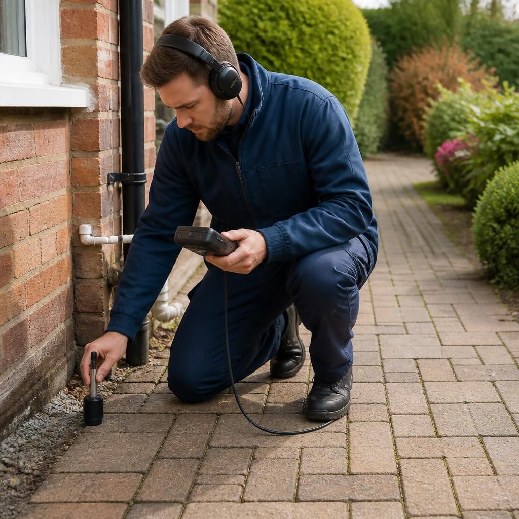 Plumber using leak detection equipment beside a paved garden path