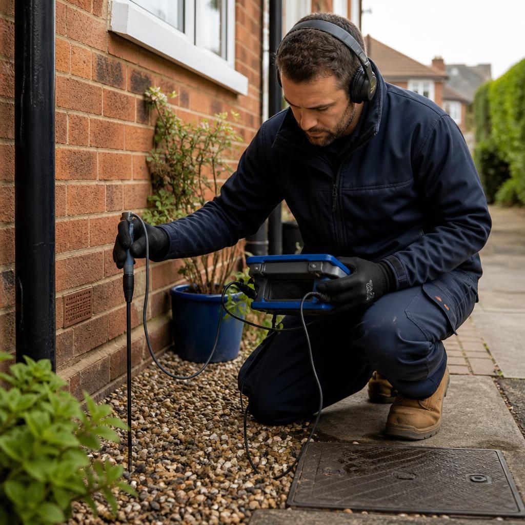 Engineer checking underground pipework beside a rented home