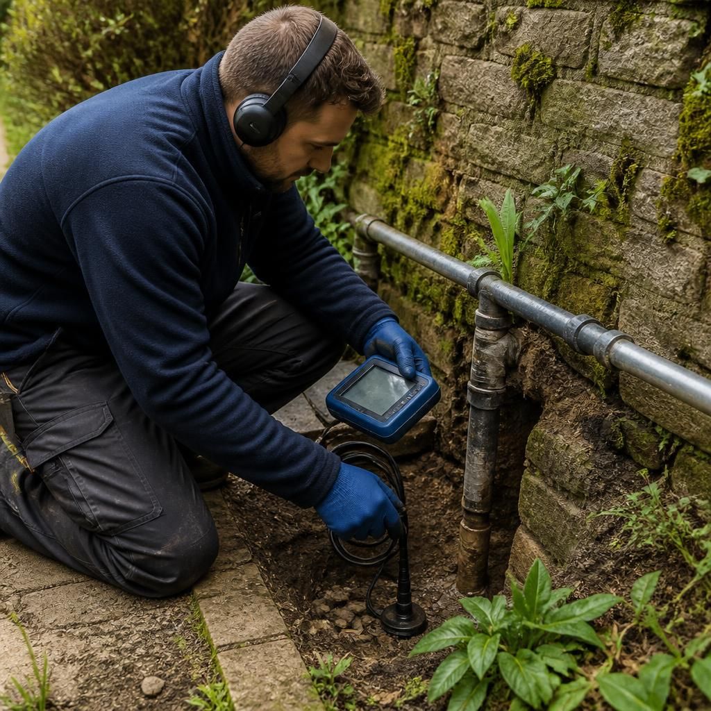 Plumber using leak detection equipment beside an outdoor water pipe