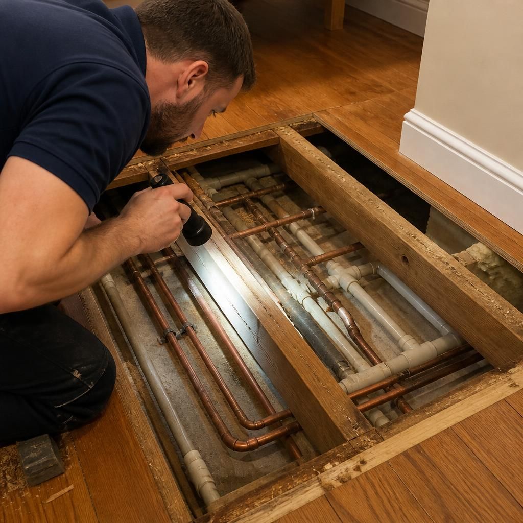 Plumber examining pipework beneath a suspended timber floor