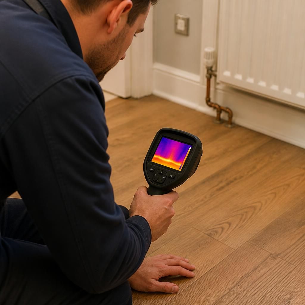 Plumber using thermal imaging equipment to inspect a floor for signs of an underfloor leak