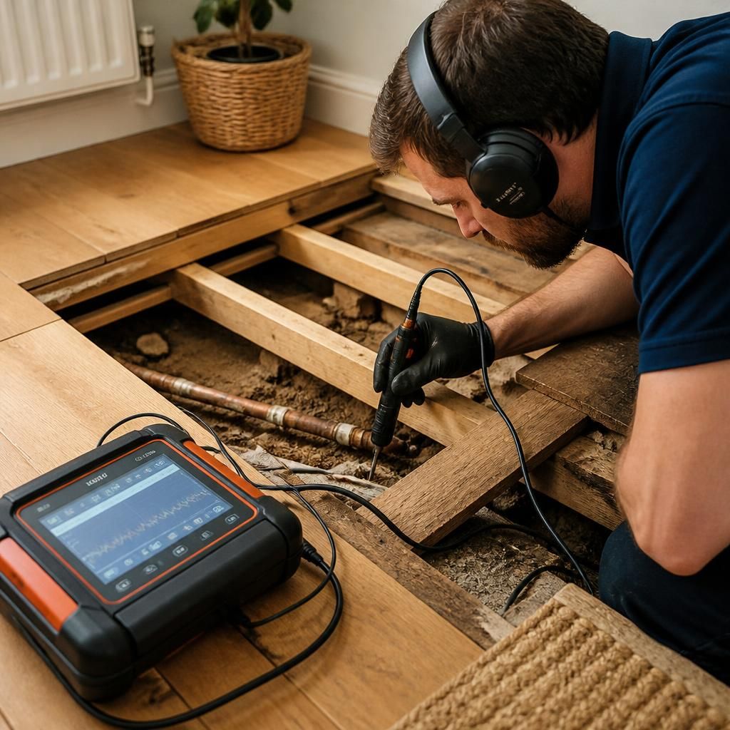 Technician inspecting pipework beneath a raised timber floor with leak detection equipment
