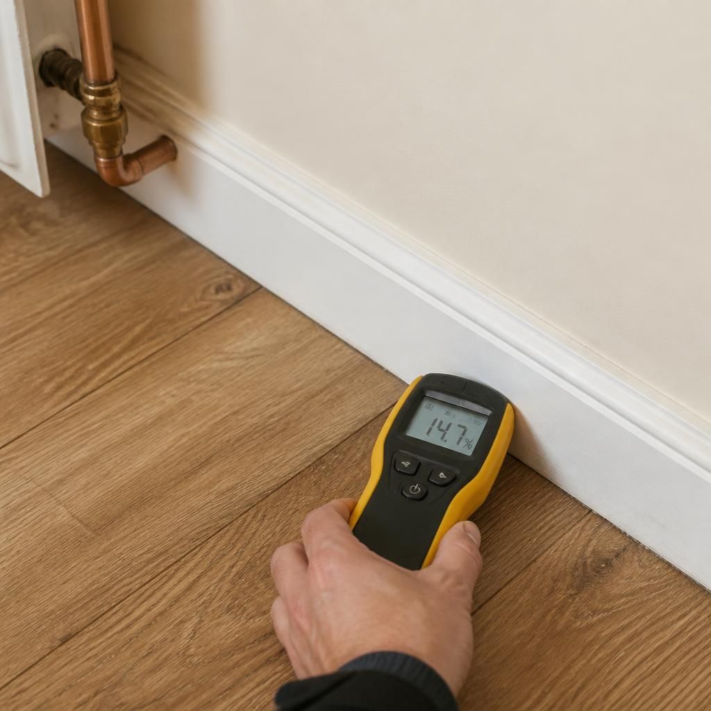 Moisture meter being used to inspect flooring near a skirting board