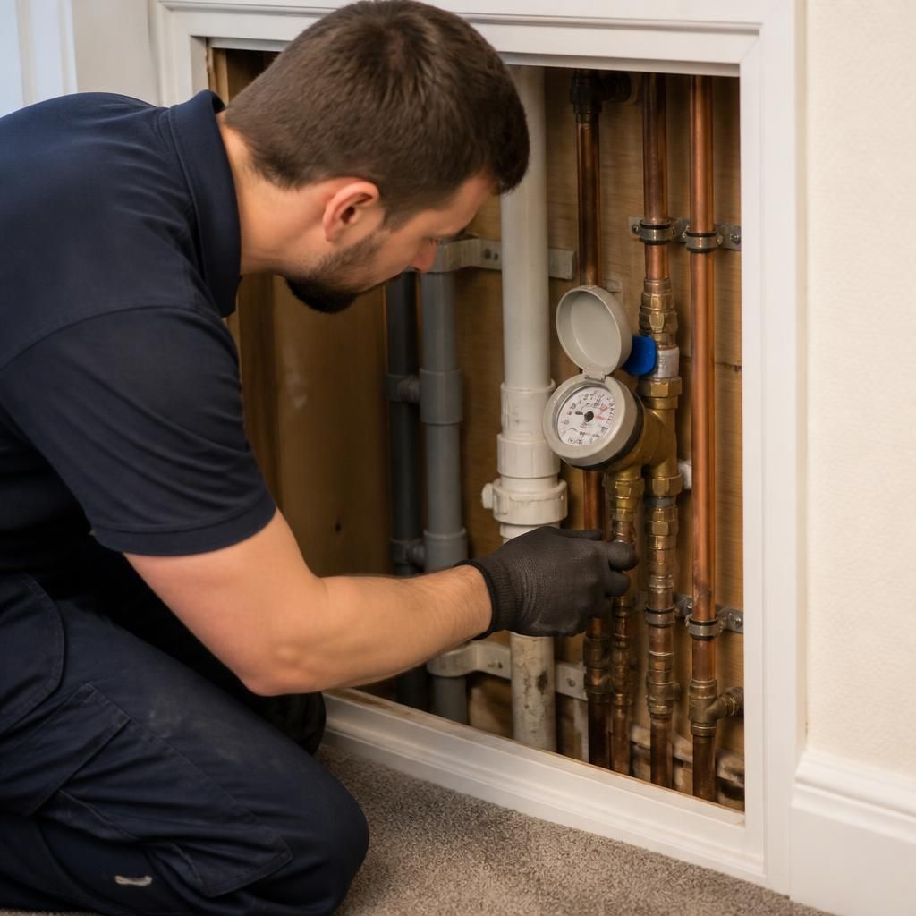 Plumber checking pipework and a water meter at a residential property
