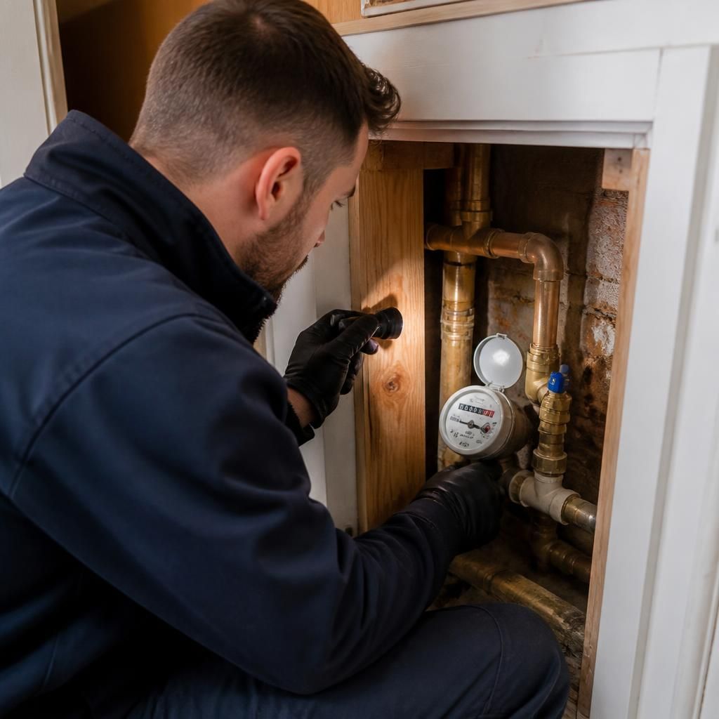 Plumber examining a water meter and pipework during a leak investigation
