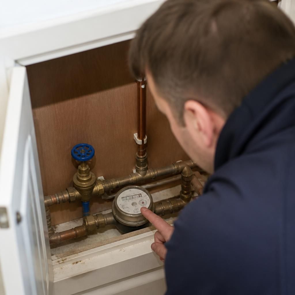 Plumber checking a water meter and stop tap inside a service cupboard